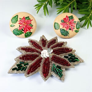 Vintage Avon Red Green Beaded Poinsettia Brooch, Wooden Handpainted Earrings.